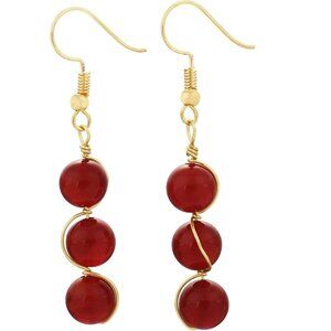 Red Wire Wrapped Triple Ball Beaded Dangle DropTrendy Hook Earrings for Ladies